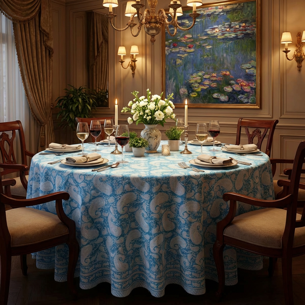Hand Block Printed Cotton Round Tablecloth 220 cms | Ambi Aqua Gud 200868