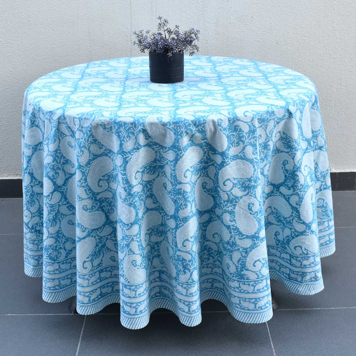 Hand Block Printed Cotton Round Tablecloth 220 cms | Ambi Aqua Gud 200868
