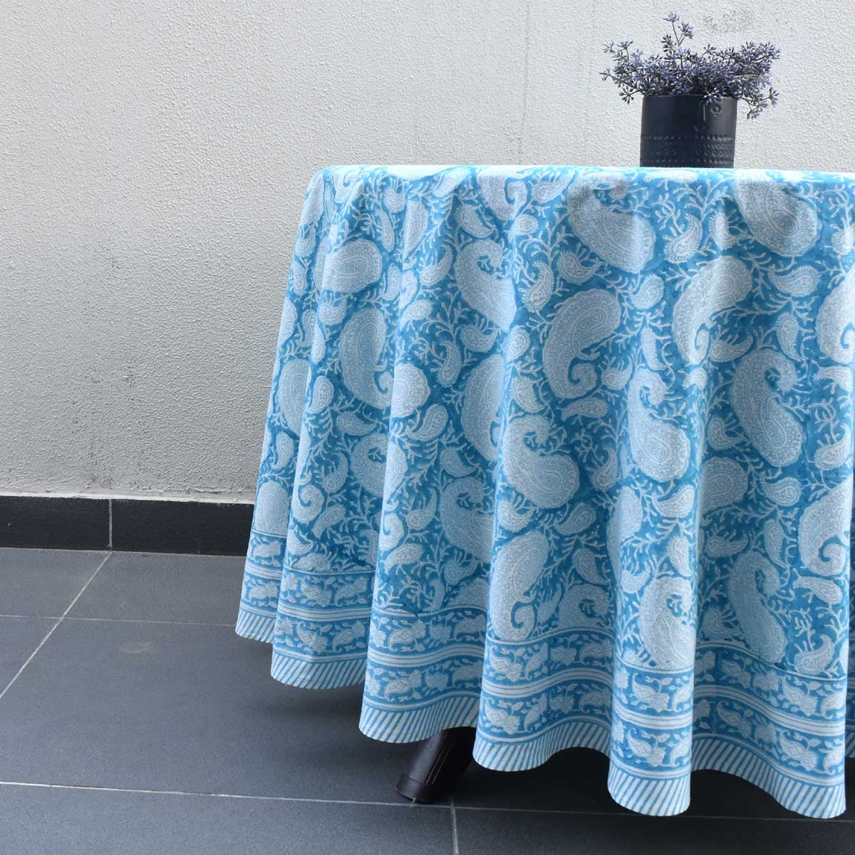 Hand Block Printed Cotton Round Tablecloth 220 cms | Ambi Aqua Gud 200868