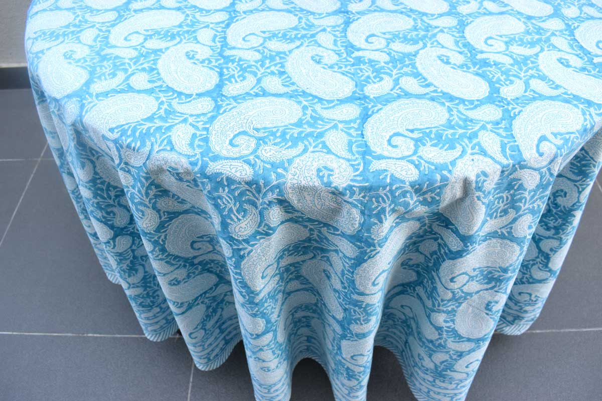 Hand Block Printed Cotton Round Tablecloth 220 cms | Ambi Aqua Gud 200868