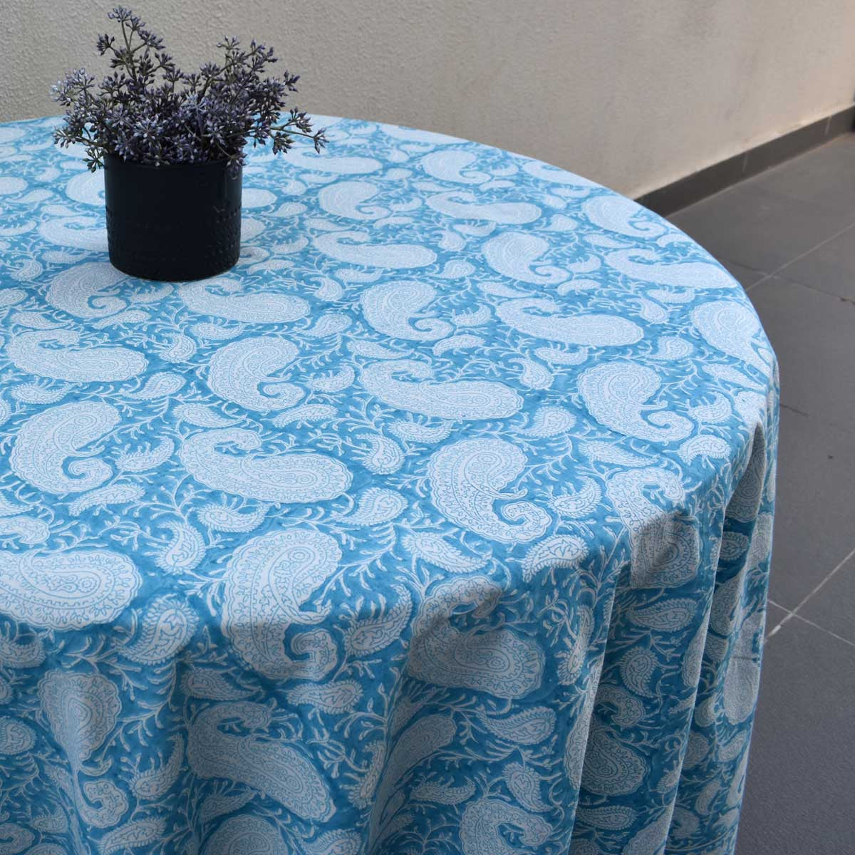 Hand Block Printed Cotton Round Tablecloth 220 cms | Ambi Aqua Gud 200868