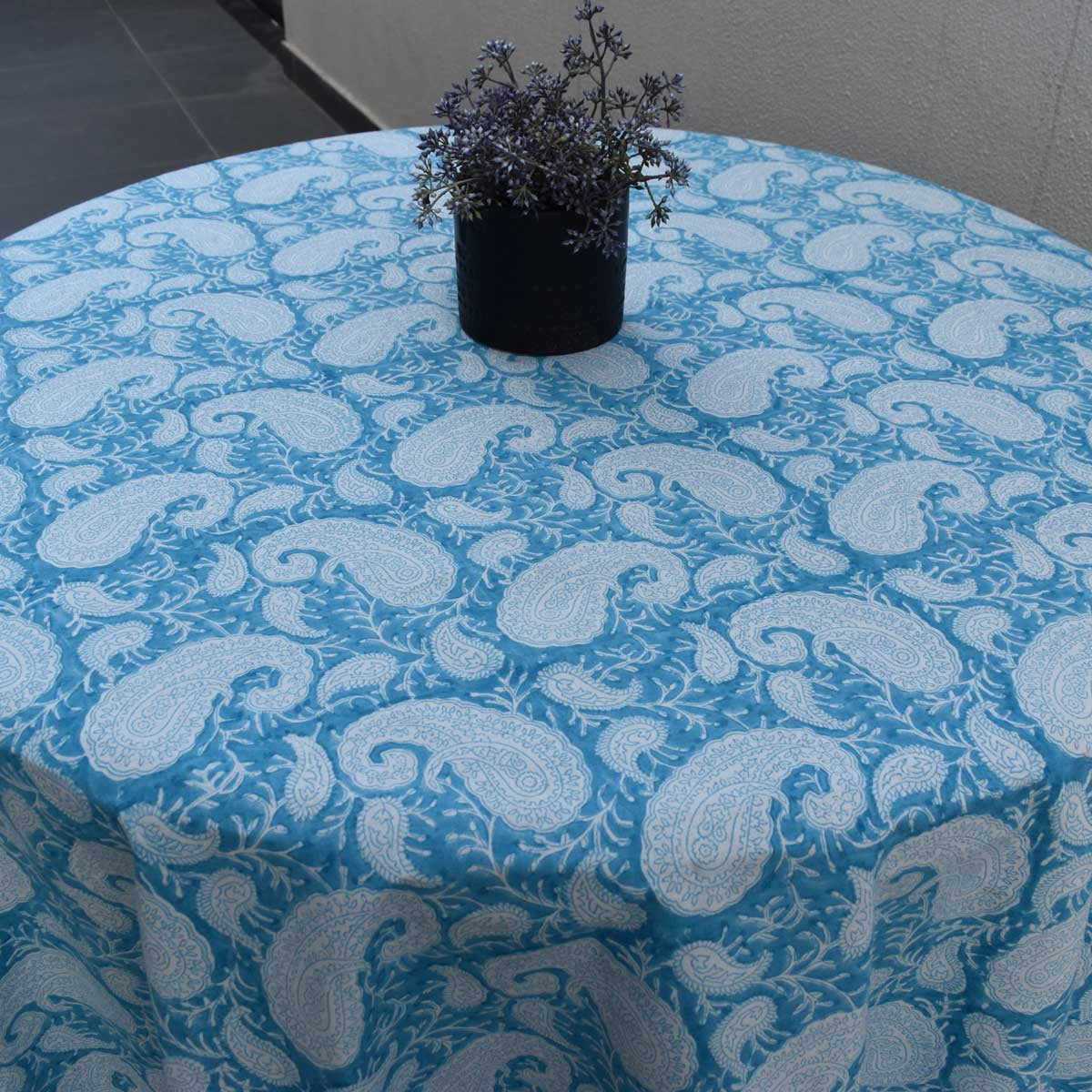 Hand Block Printed Cotton Round Tablecloth 220 cms | Ambi Aqua Gud 200868