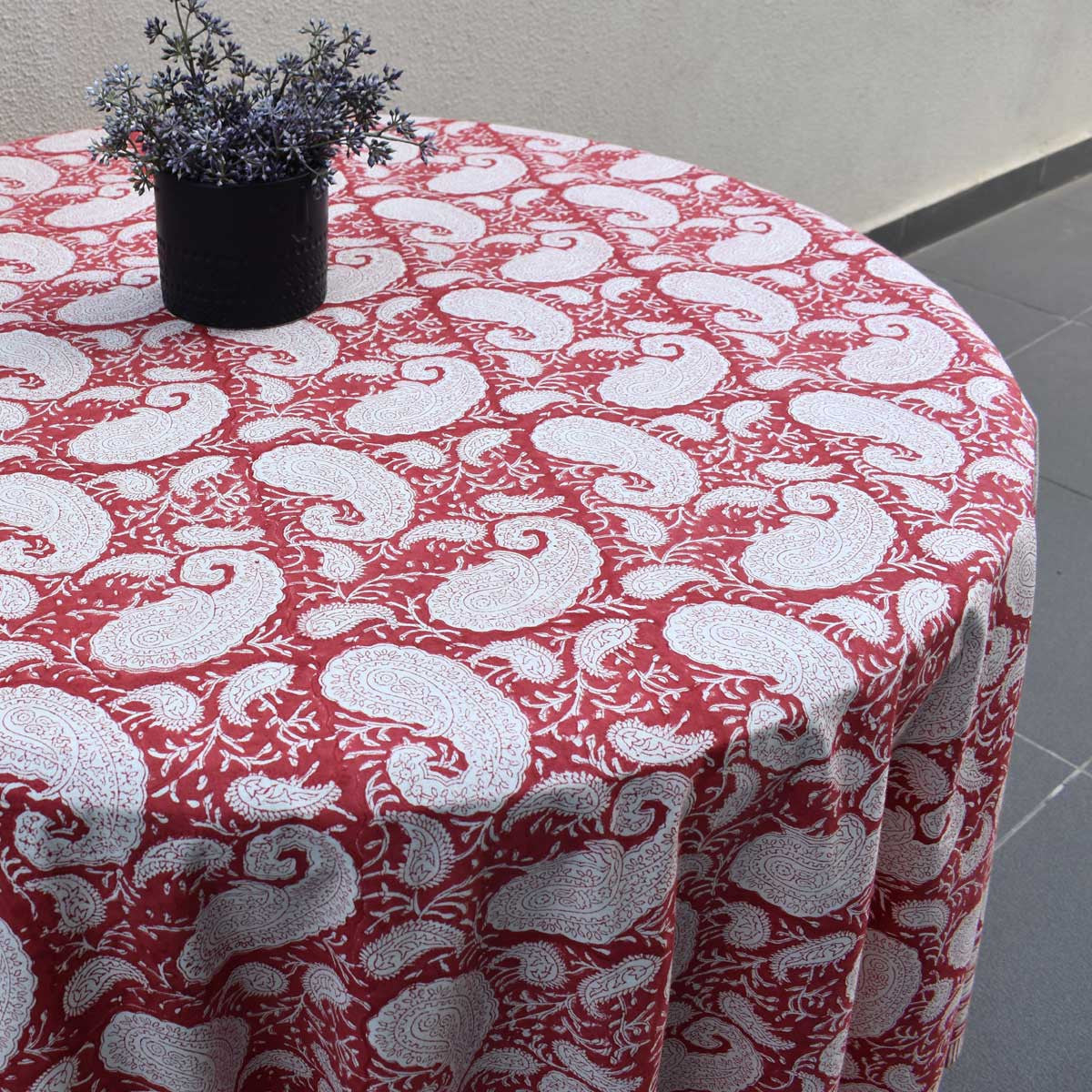 Hand Block Printed Cotton Round Tablecloth 220 cms | Ambi Raspberry 620630