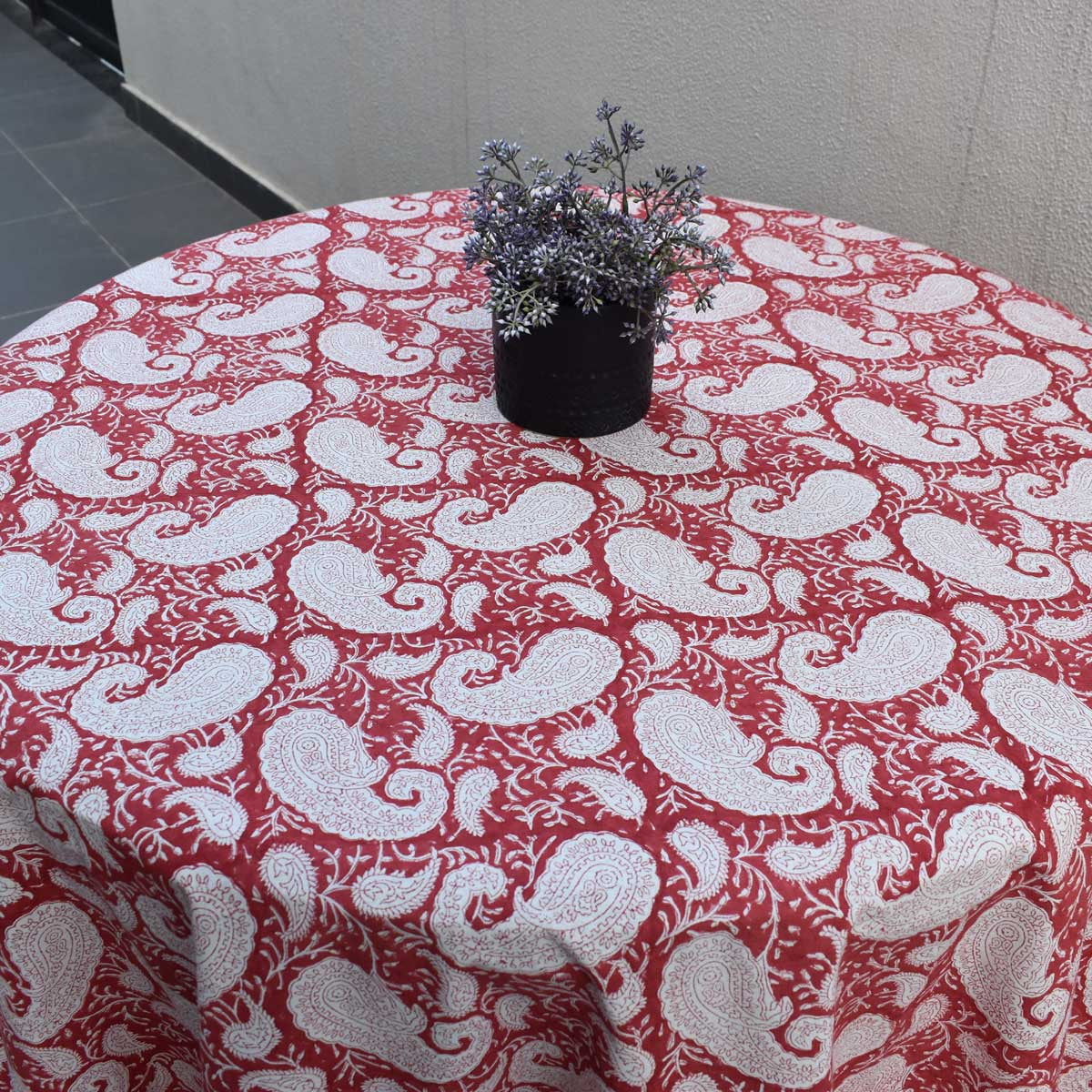 Hand Block Printed Cotton Round Tablecloth 220 cms | Ambi Raspberry 620630