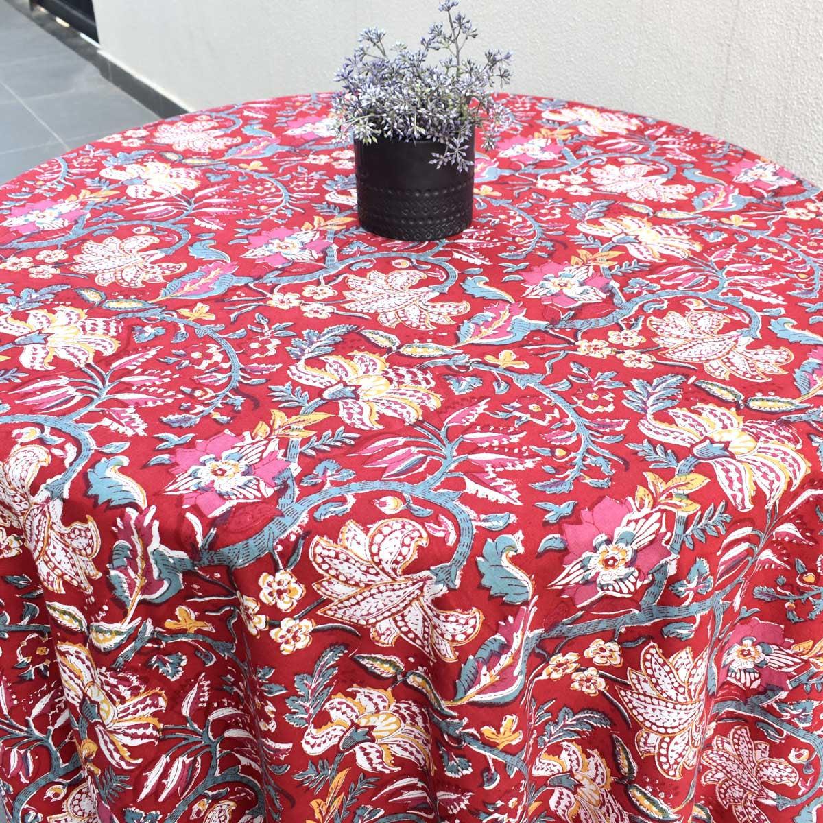 Hand Block Printed Cotton Round Tablecloth 220 cms | Anarkali Red Gud 201397