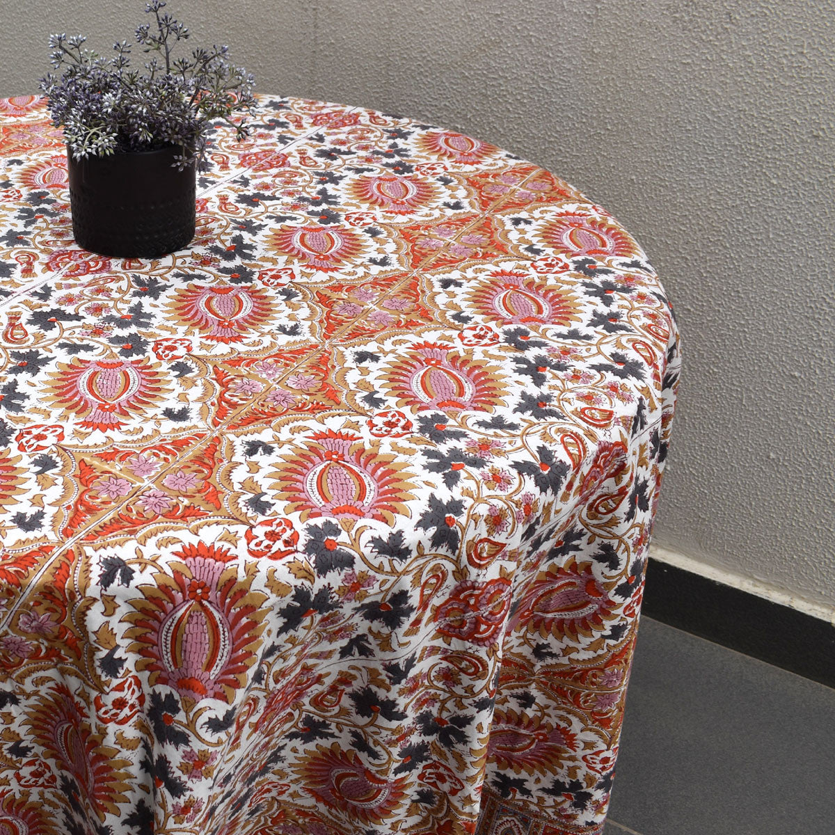 Hand Block Printed Cotton Round Tablecloth 220 cms | Bird Of Paradise Open 204059