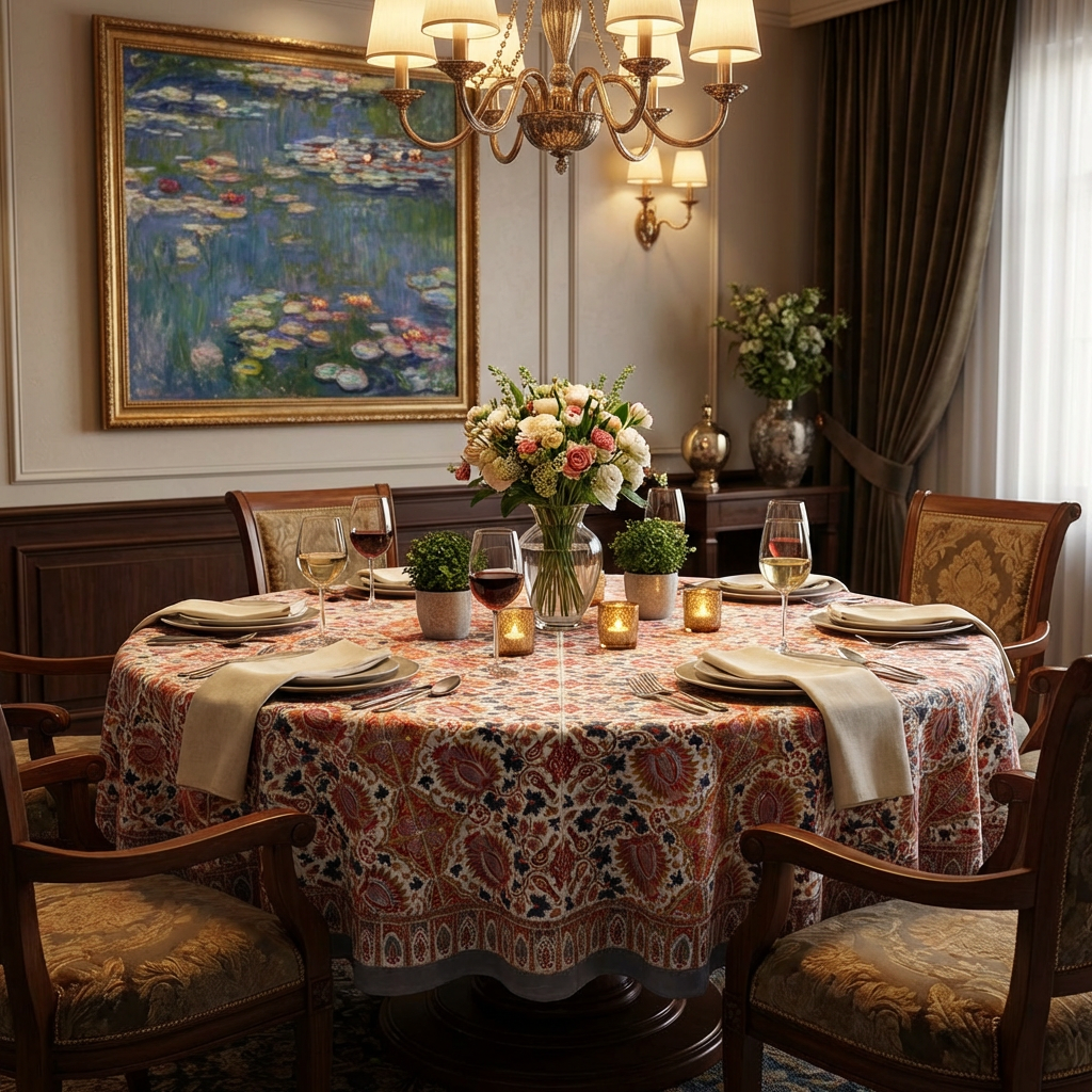 Hand Block Printed Cotton Round Tablecloth 220 cms | Bird Of Paradise Open 204059