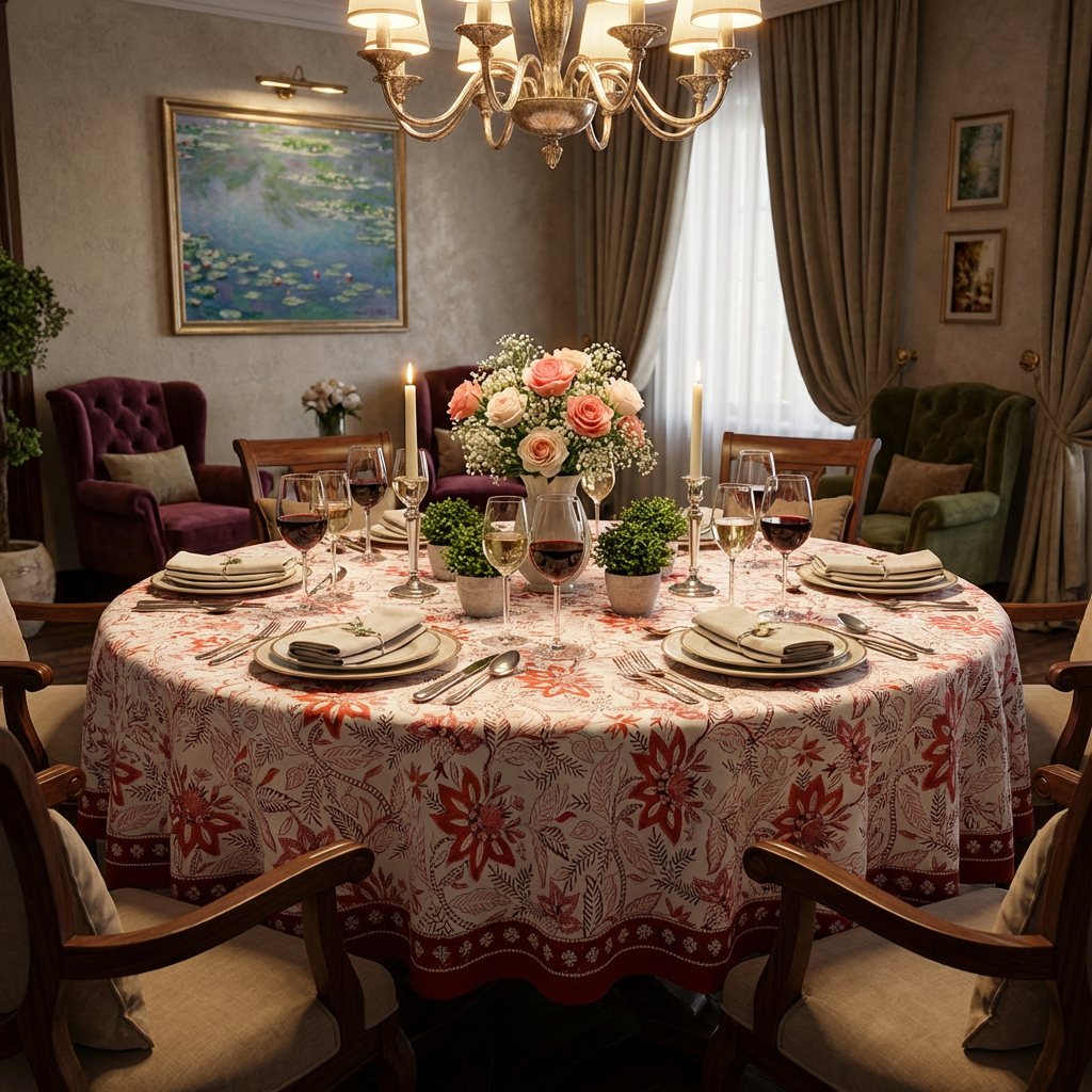 Hand Block Printed Cotton Round Tablecloth 220 cms | Bossanova Red Open 103700