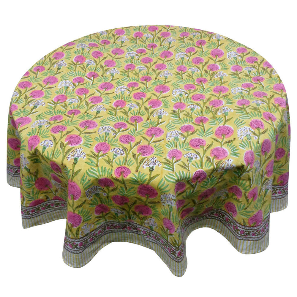 Hand Block Printed Cotton Round Tablecloth 220 cms | Desert Blossom Pink Gud 105964