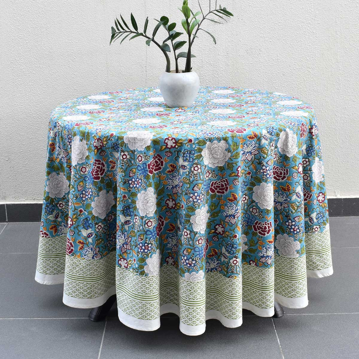 Hand Block Printed Cotton Round Tablecloth 220 cms | Floral Canvas Blue Jade Gud 204988