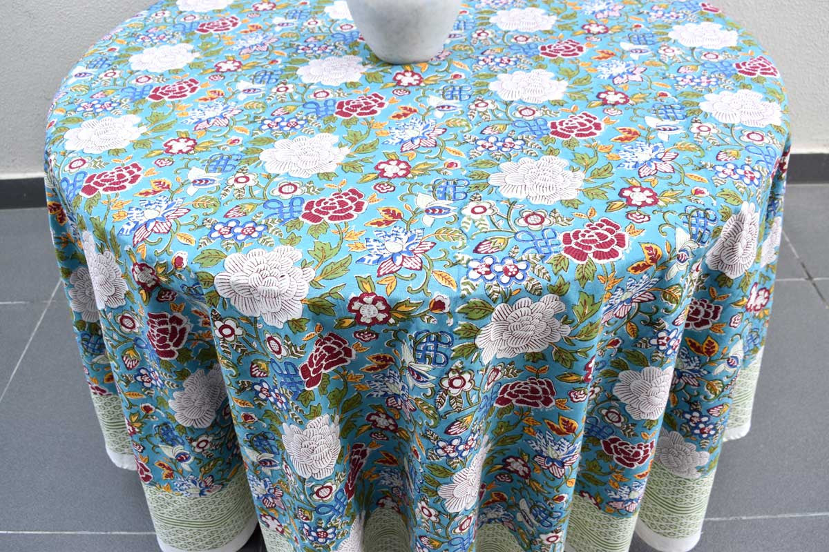 Hand Block Printed Cotton Round Tablecloth 220 cms | Floral Canvas Blue Jade Gud 204988