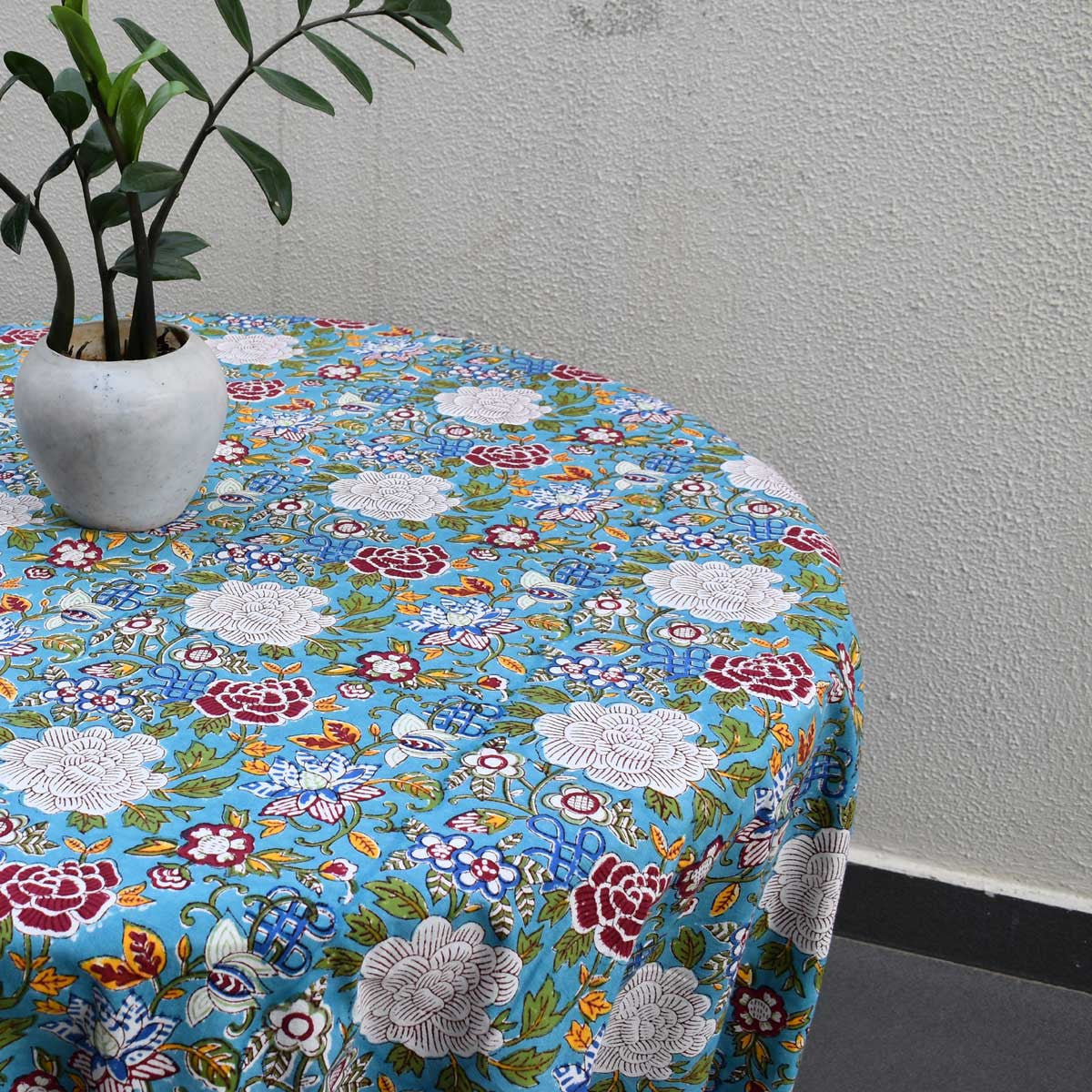Hand Block Printed Cotton Round Tablecloth 220 cms | Floral Canvas Blue Jade Gud 204988
