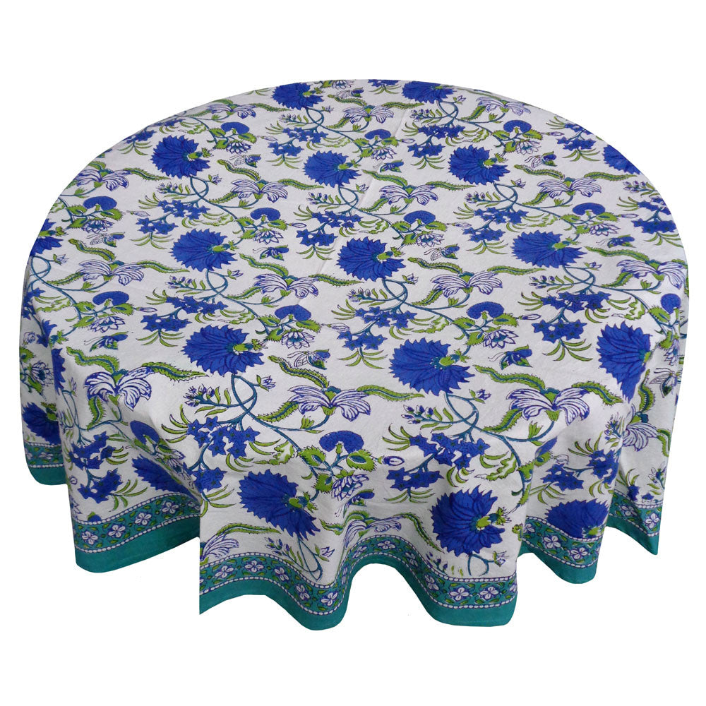 Hand Block Printed Cotton Round Tablecloth 220 cms | Flower Blossom Sea Green Open 100358