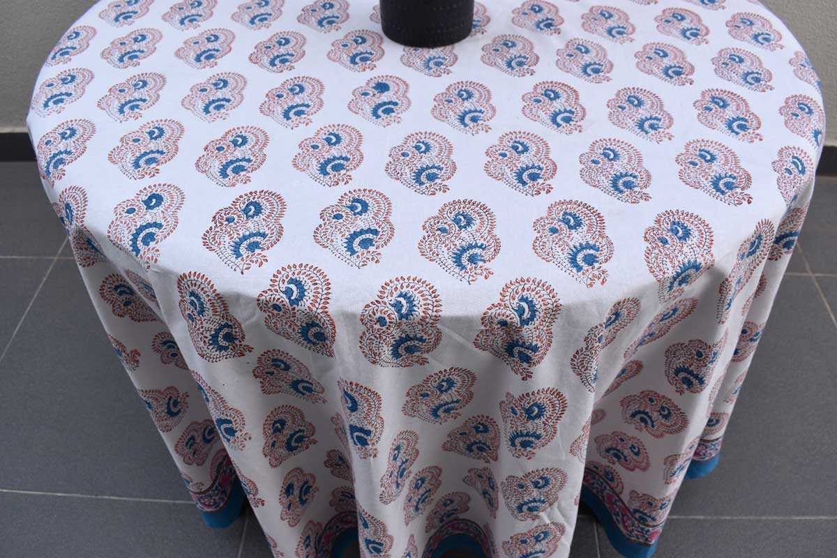 Hand Block Printed Cotton Round Tablecloth 220 cms | Kusum Gulabi Boota 205379