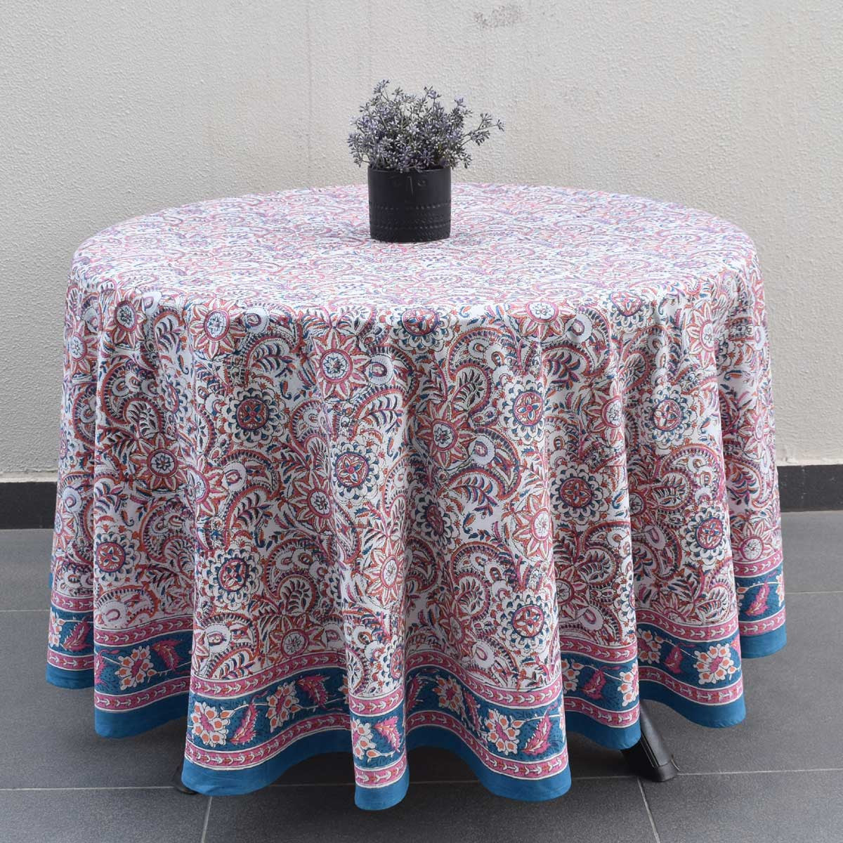 Hand Block Printed Cotton Round Tablecloth 220 cms | Kusum Gulabi Jaal 106025