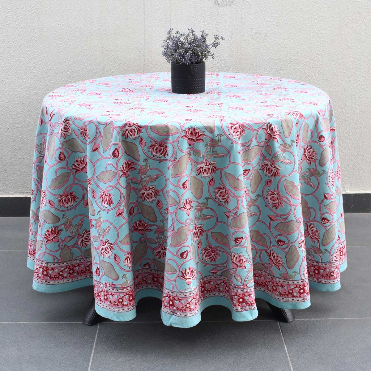 Hand Block Printed Cotton Round Tablecloth 220 cms | Lotus Lake Jade 202202