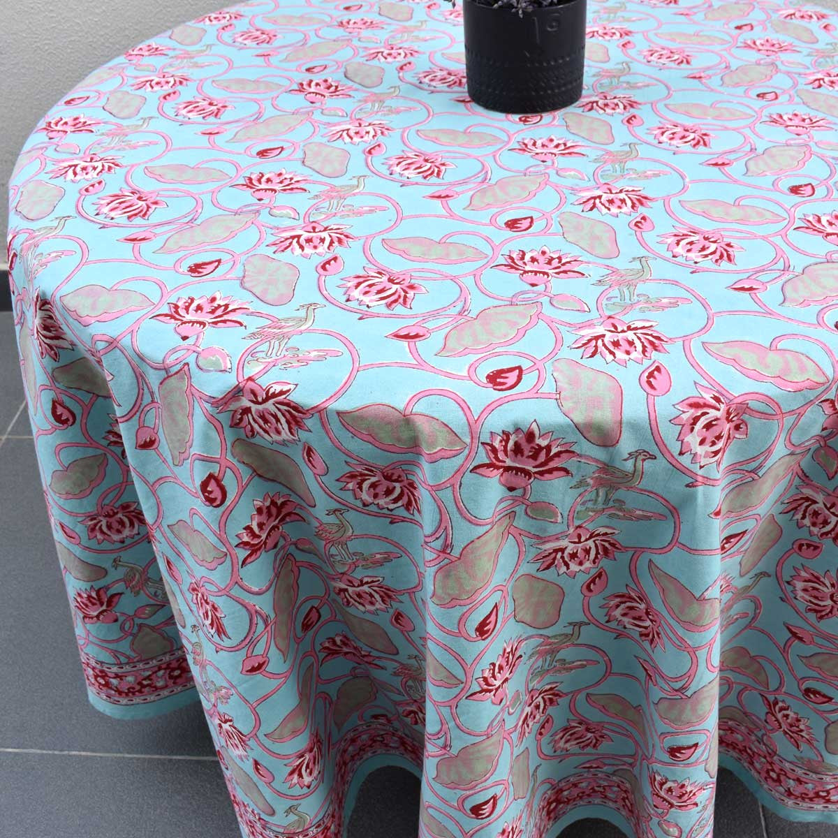 Hand Block Printed Cotton Round Tablecloth 220 cms | Lotus Lake Jade 202202