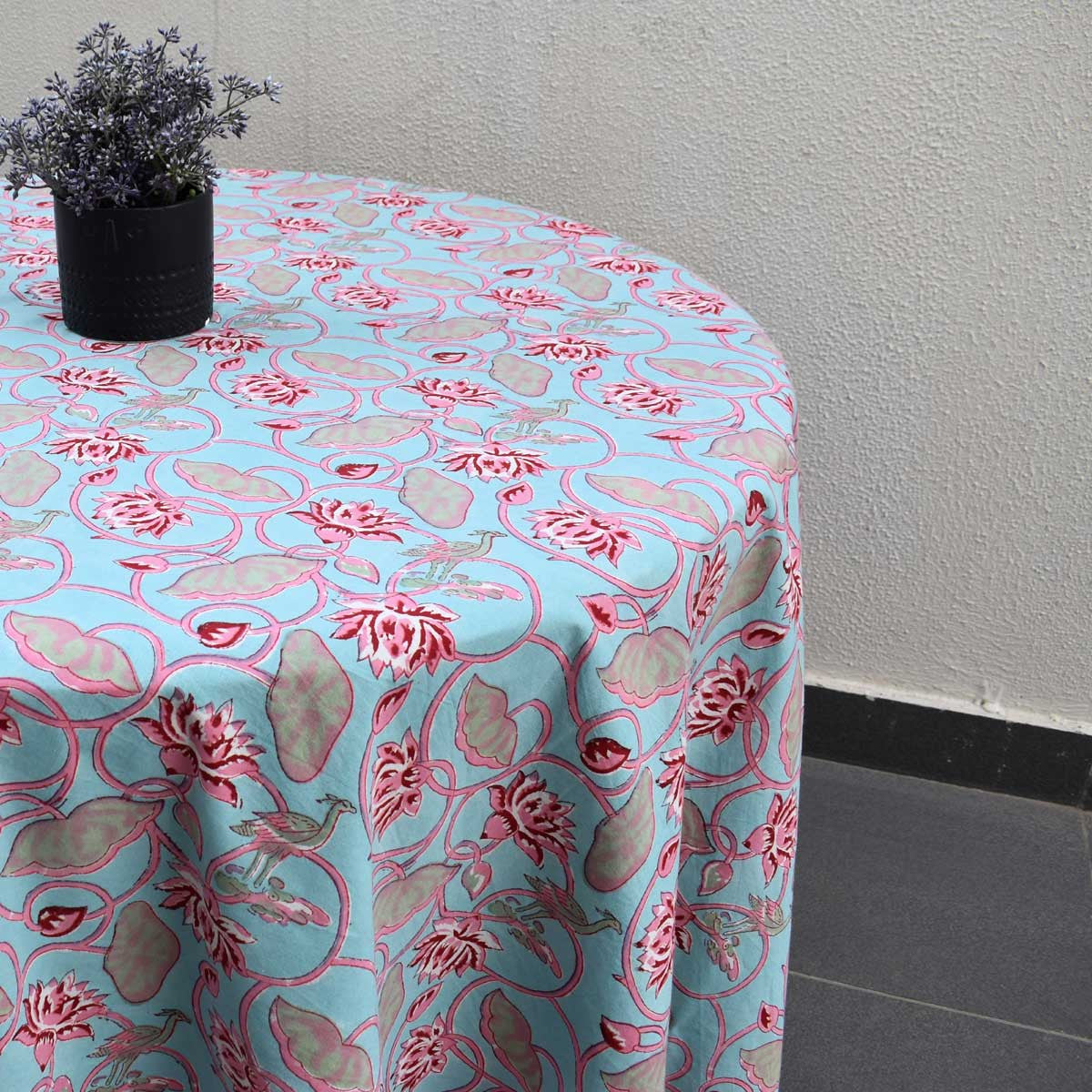Hand Block Printed Cotton Round Tablecloth 220 cms | Lotus Lake Jade 202202