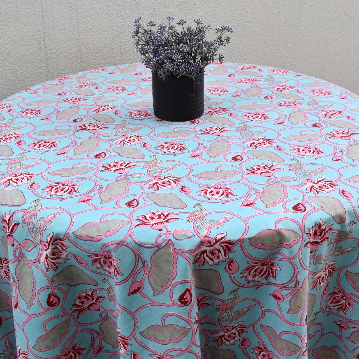 Hand Block Printed Cotton Round Tablecloth 220 cms | Lotus Lake Jade 202202