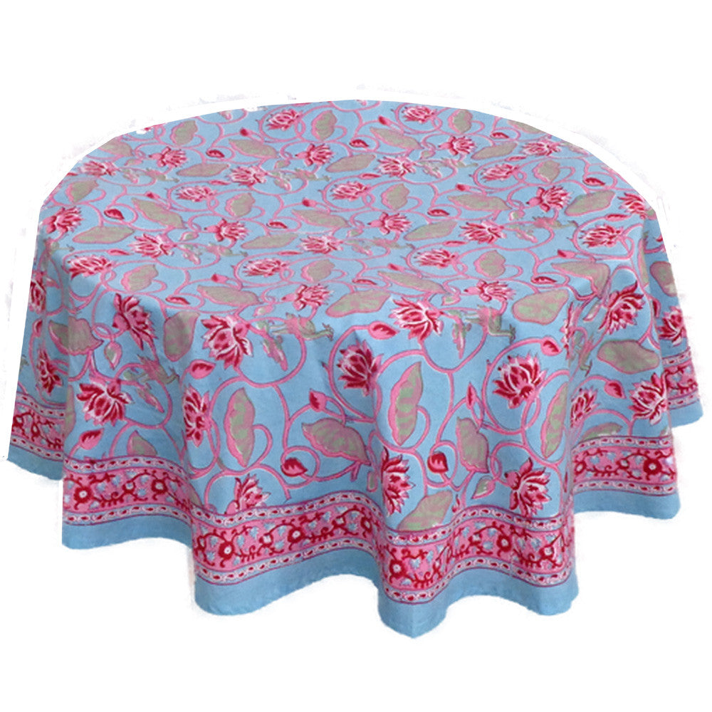 Hand Block Printed Cotton Round Tablecloth 220 cms | Lotus Lake Jade 202202