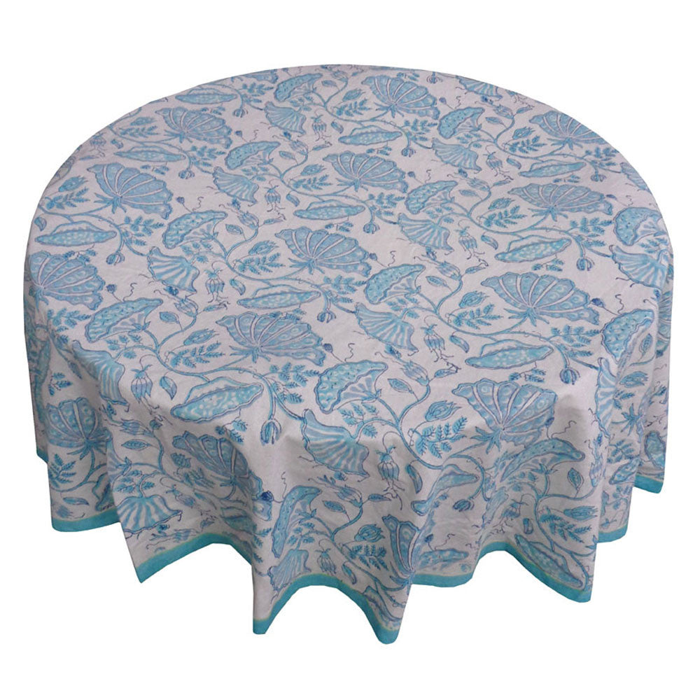 Hand Block Printed Cotton Round Tablecloth 220 cms | Waterlily Aqua 204981