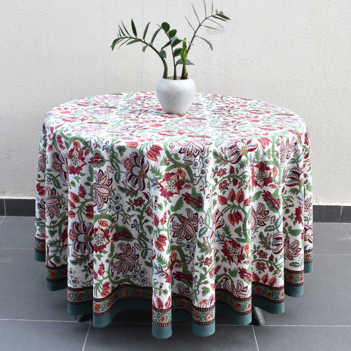 Hand Block Printed Cotton Round Tablecloth 220 cms| Anarkali Green Open 106822