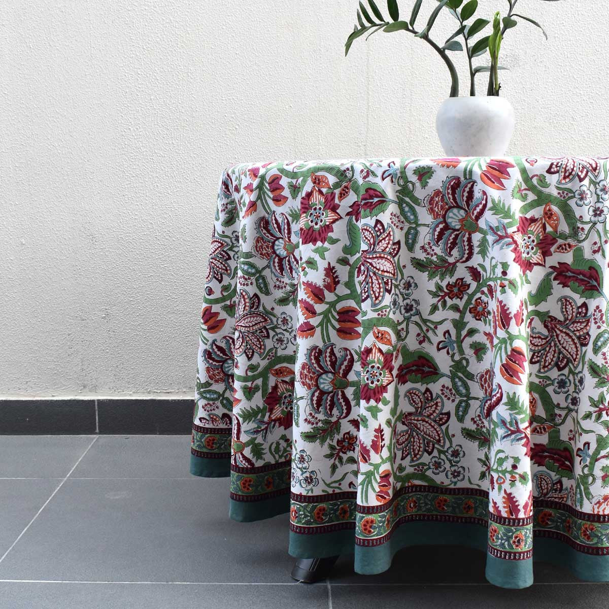 Hand Block Printed Cotton Round Tablecloth 220 cms| Anarkali Green Open 106822