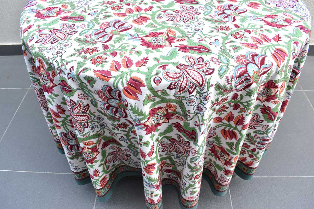 Hand Block Printed Cotton Round Tablecloth 220 cms| Anarkali Green Open 106822