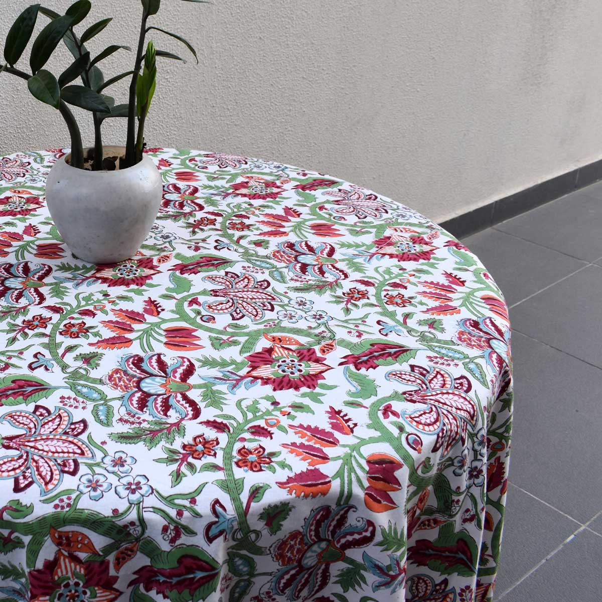 Hand Block Printed Cotton Round Tablecloth 220 cms| Anarkali Green Open 106822