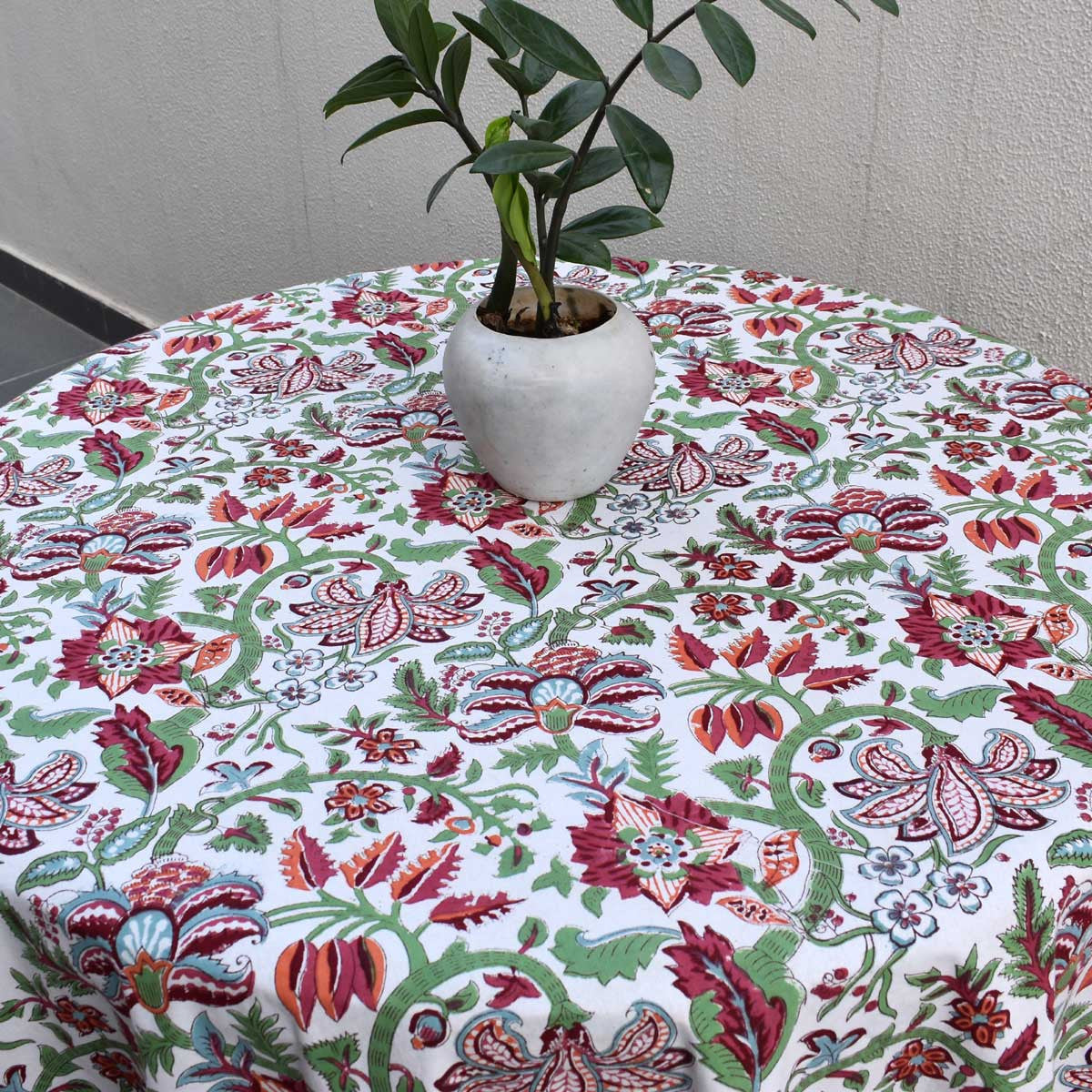 Hand Block Printed Cotton Round Tablecloth 220 cms| Anarkali Green Open 106822