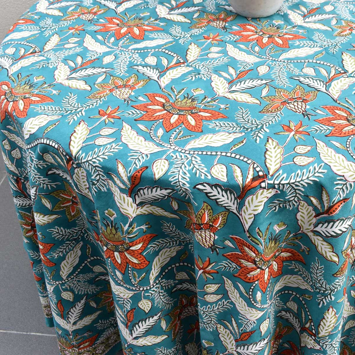 Hand Block Printed Cotton Round Tablecloth 220 cms| Bossanova Green Gud 393939
