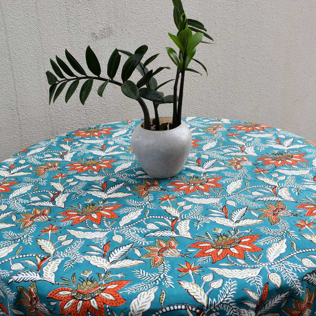 Hand Block Printed Cotton Round Tablecloth 220 cms| Bossanova Green Gud 393939