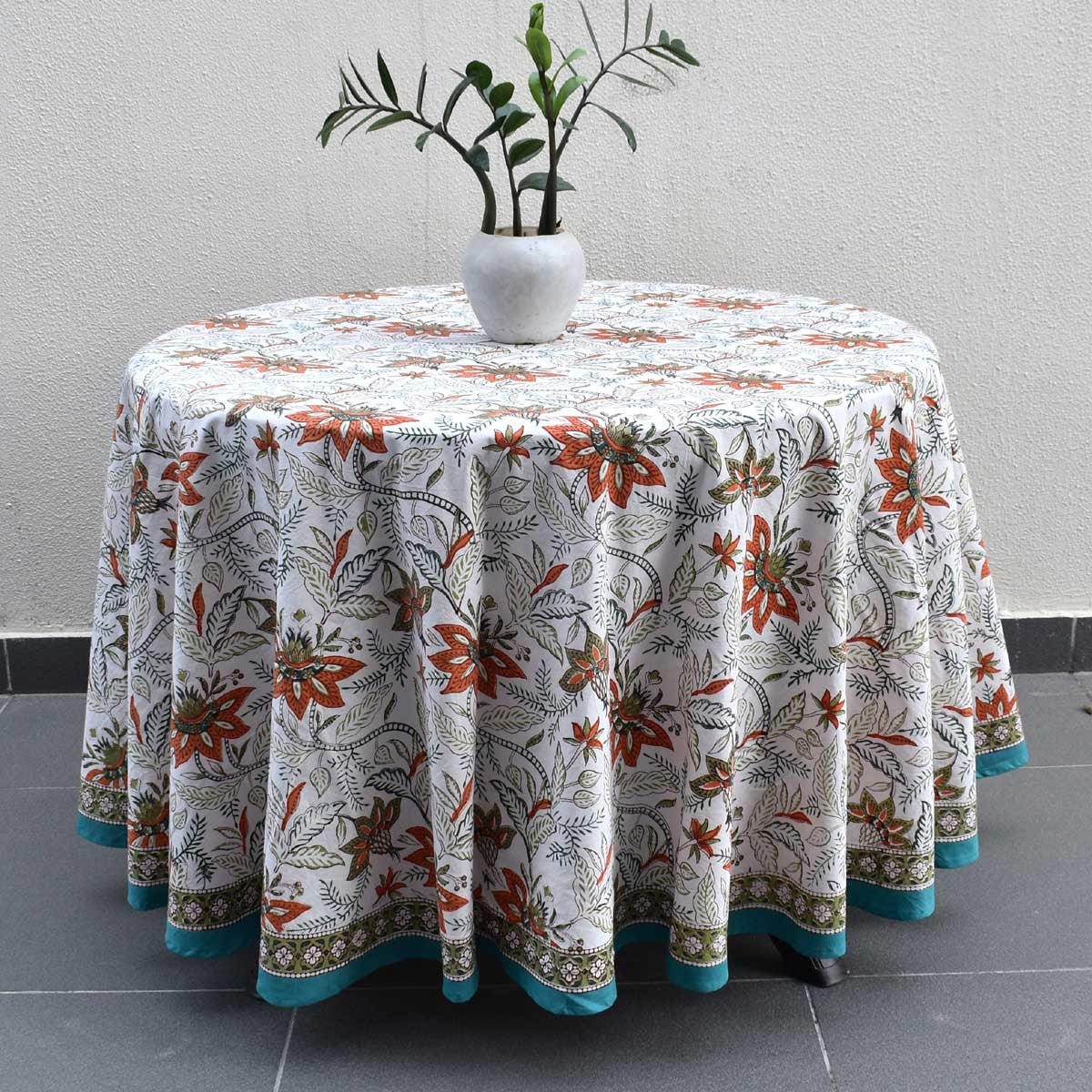 Hand Block Printed Cotton Round Tablecloth 220 cms| Bossanova Green Open 393938