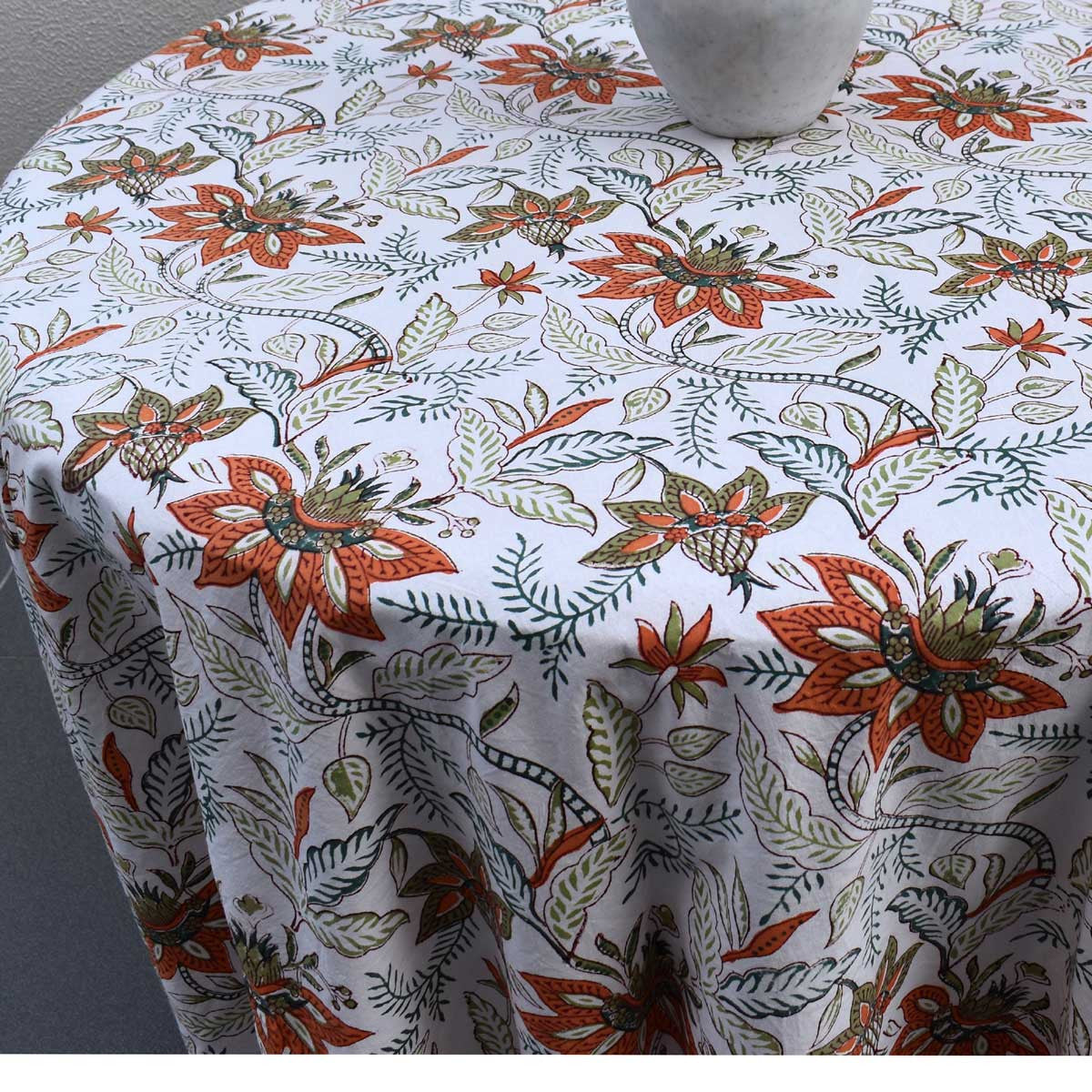Hand Block Printed Cotton Round Tablecloth 220 cms| Bossanova Green Open 393938