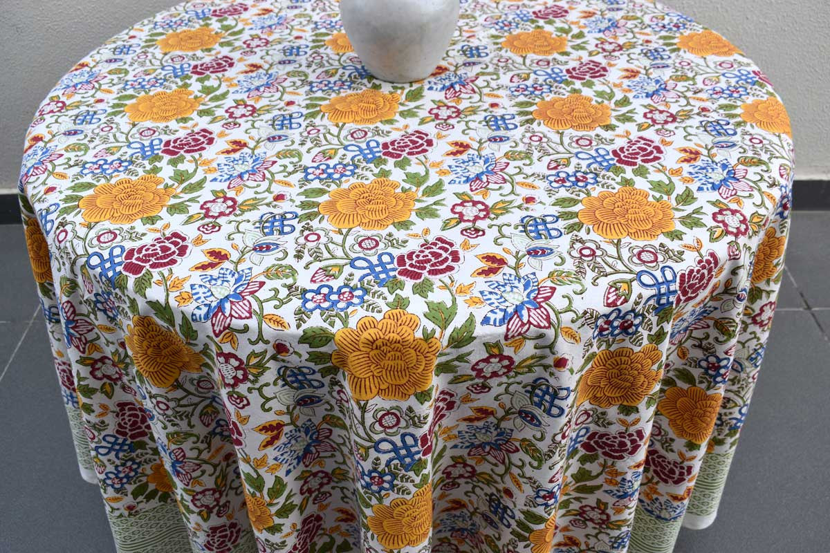 Hand Block Printed Cotton Round Tablecloth 220 cms| Floral Canvas Blue Jade Open 106816