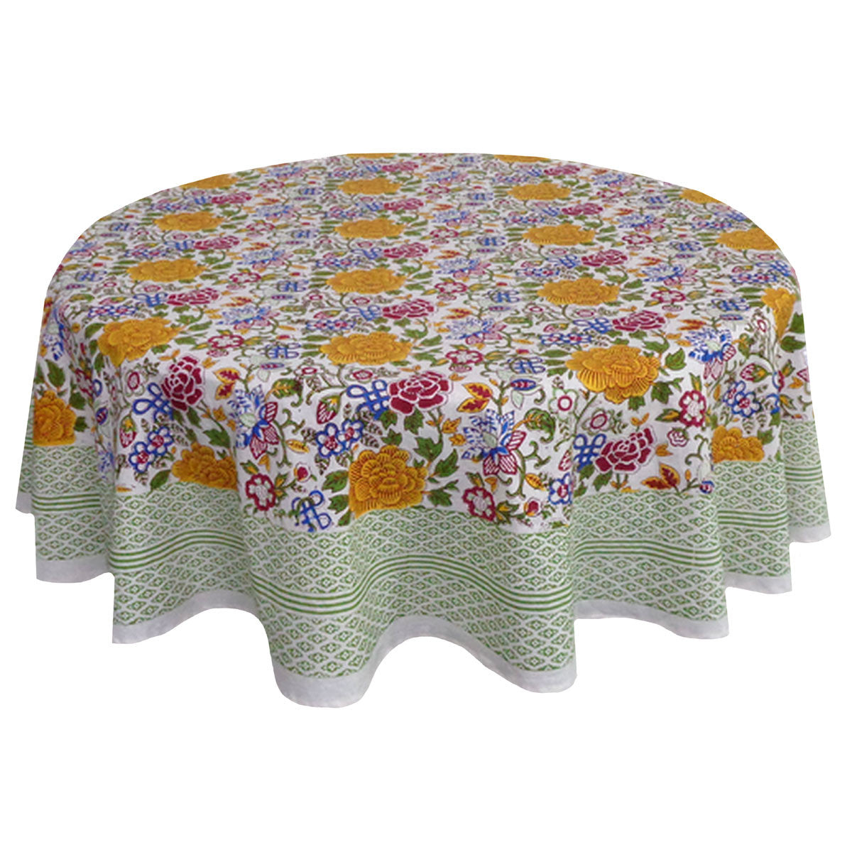 Hand Block Printed Cotton Round Tablecloth 220 cms| Floral Canvas Blue Jade Open 106816