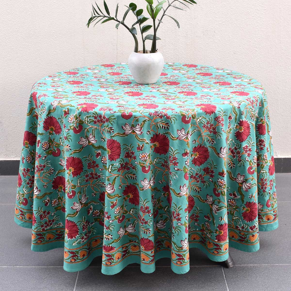 Hand Block Printed Cotton Round Tablecloth 220 cms| Flower Blossom Jade Gud 104415