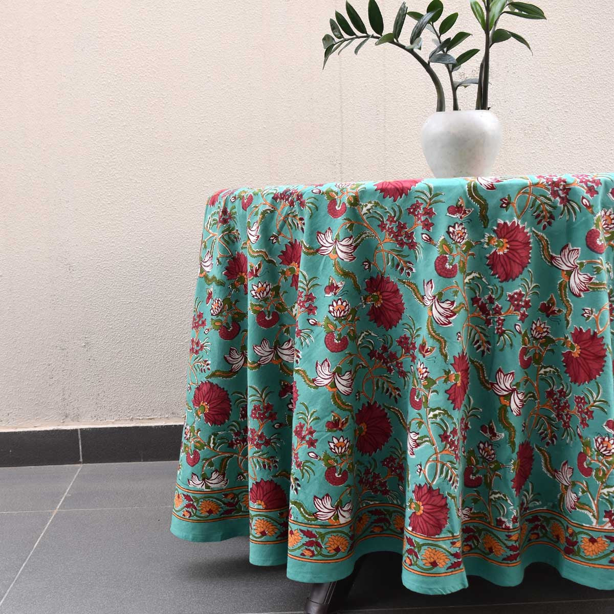 Hand Block Printed Cotton Round Tablecloth 220 cms| Flower Blossom Jade Gud 104415