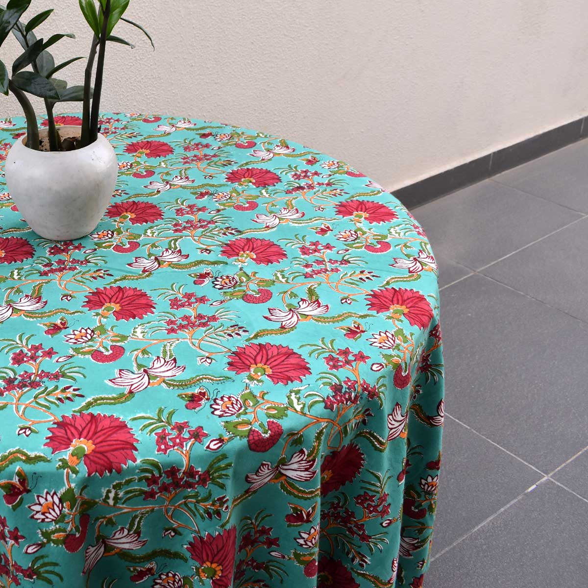 Hand Block Printed Cotton Round Tablecloth 220 cms| Flower Blossom Jade Gud 104415