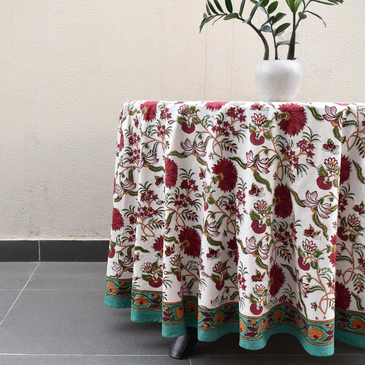 Hand Block Printed Cotton Round Tablecloth 220 cms| Flower Blossom Jade Open 109122