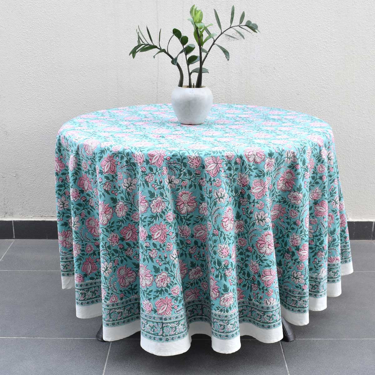 Hand Block Printed Cotton Round Tablecloth 220 cms| Mohini Green Gud 620605
