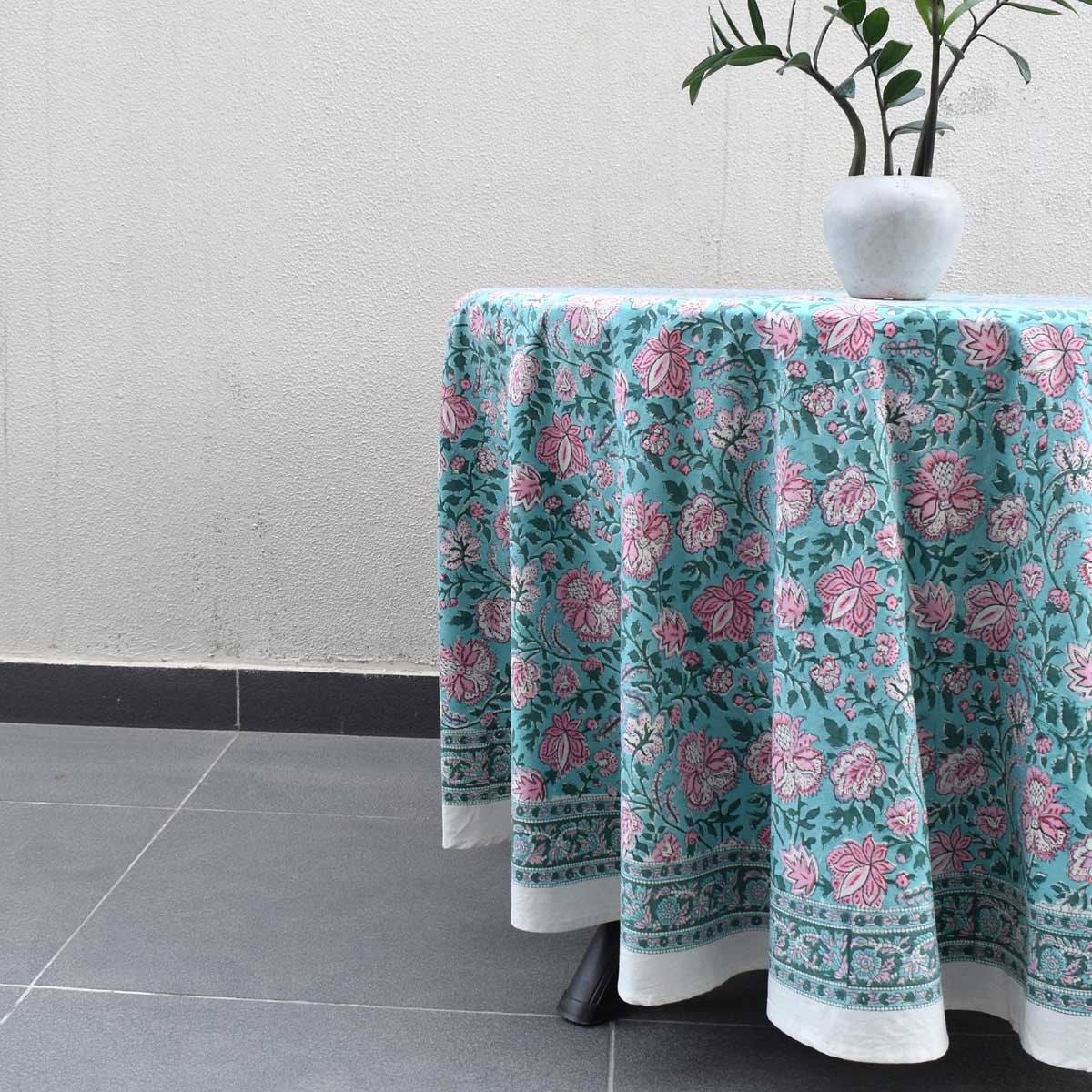 Hand Block Printed Cotton Round Tablecloth 220 cms| Mohini Green Gud 620605