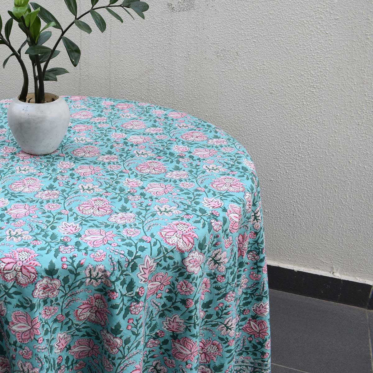 Hand Block Printed Cotton Round Tablecloth 220 cms| Mohini Green Gud 620605