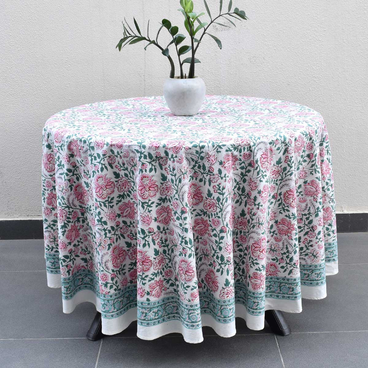 Hand Block Printed Cotton Round Tablecloth 220 cms| Mohini Green Open 620606