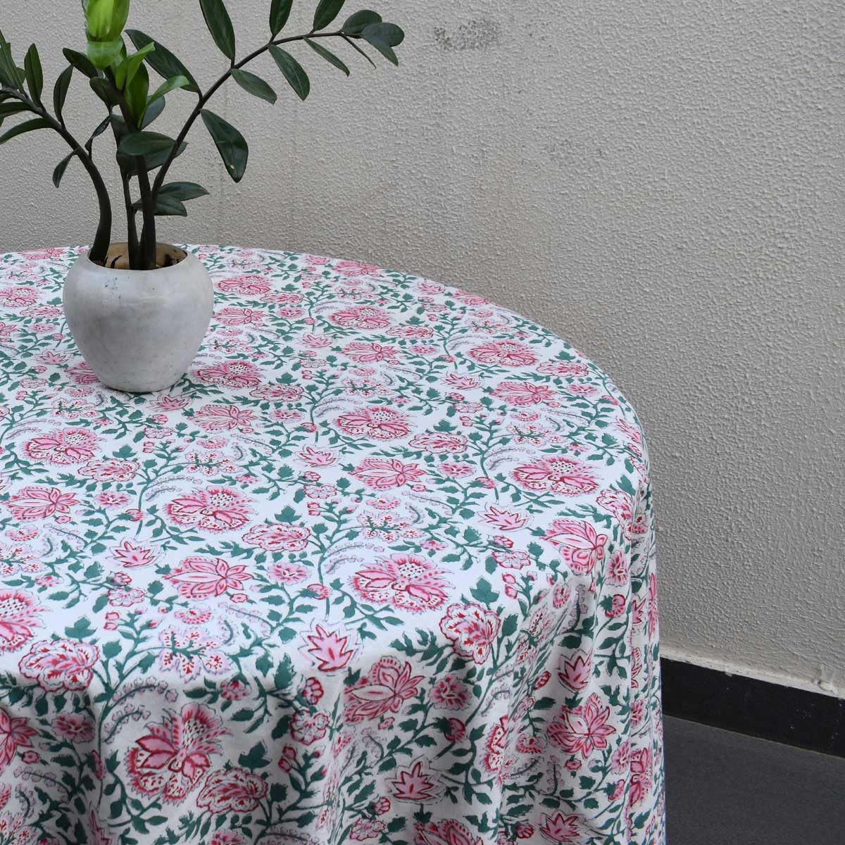 Hand Block Printed Cotton Round Tablecloth 220 cms| Mohini Green Open 620606