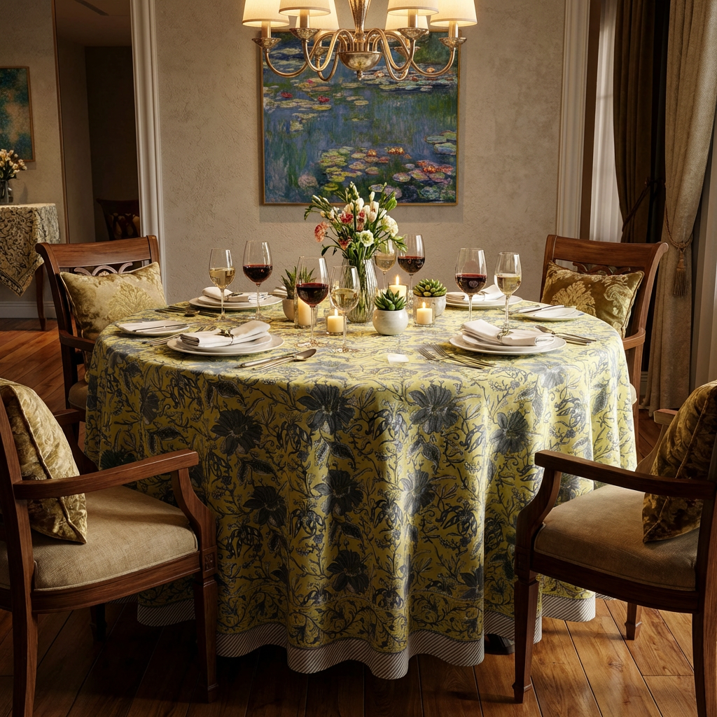 Hand Block Printed Cotton Round Tablecloth 220 cms| Olive Flower Gud 602183