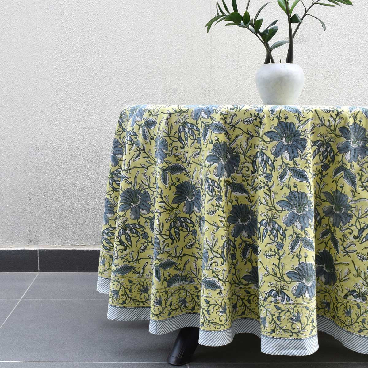 Hand Block Printed Cotton Round Tablecloth 220 cms| Olive Flower Gud 602183