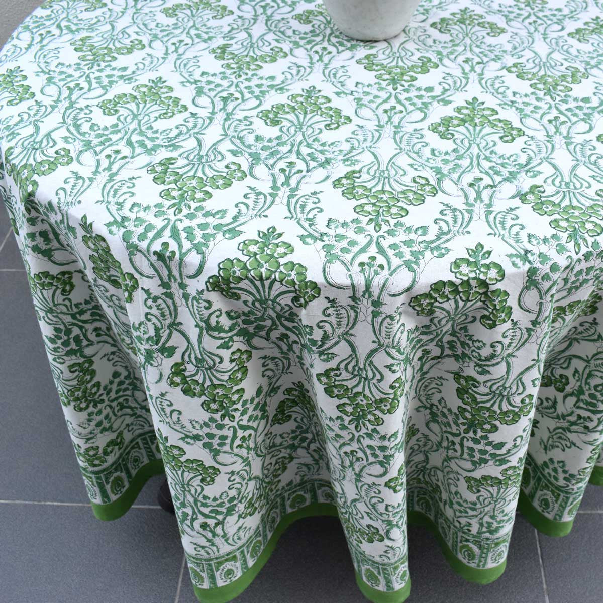 Hand Block Printed Cotton Round Tablecloth 220 cms| Raat Ki Rani Green 207006
