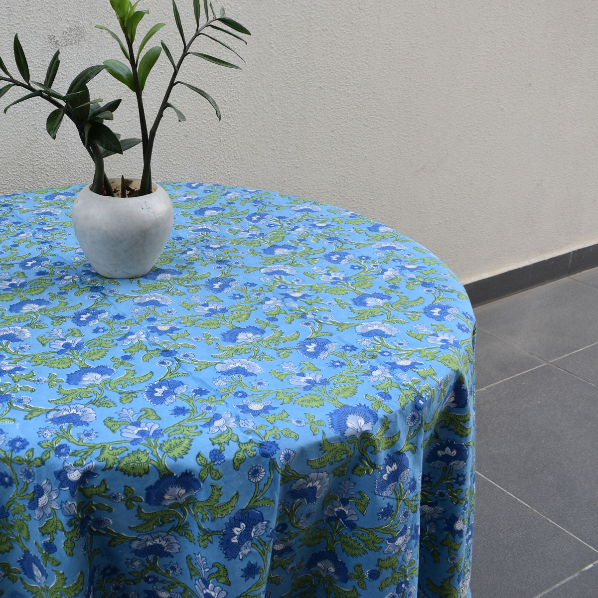 Hand Block Printed Cotton Round Tablecloth 220 cms| Rukhsana Blue Gud 103736