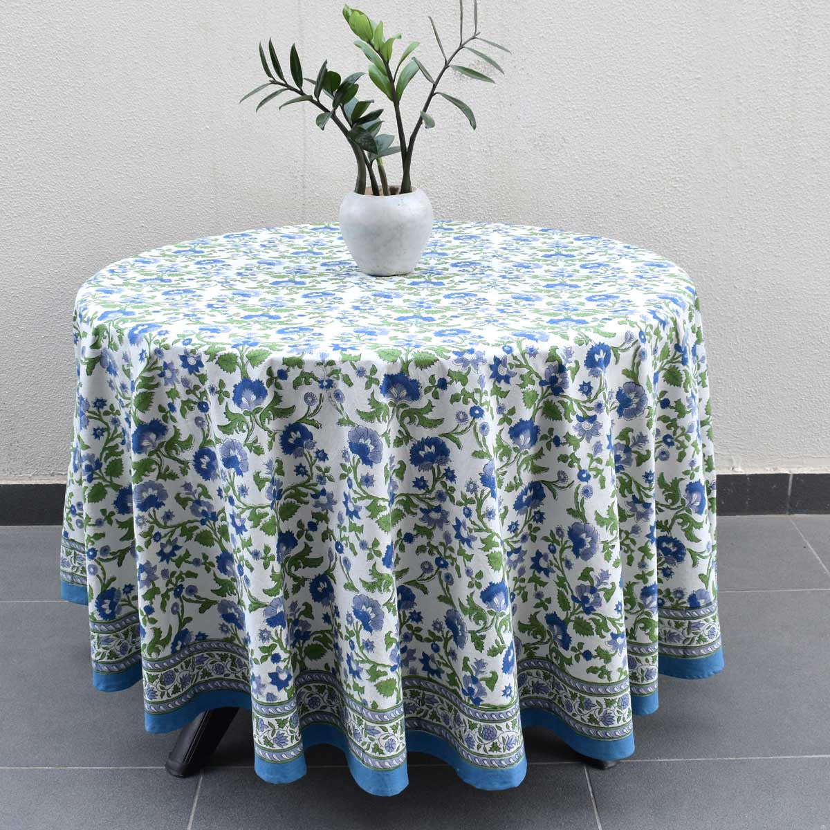Hand Block Printed Cotton Round Tablecloth 220 cms| Rukhsana Blue Open 103619